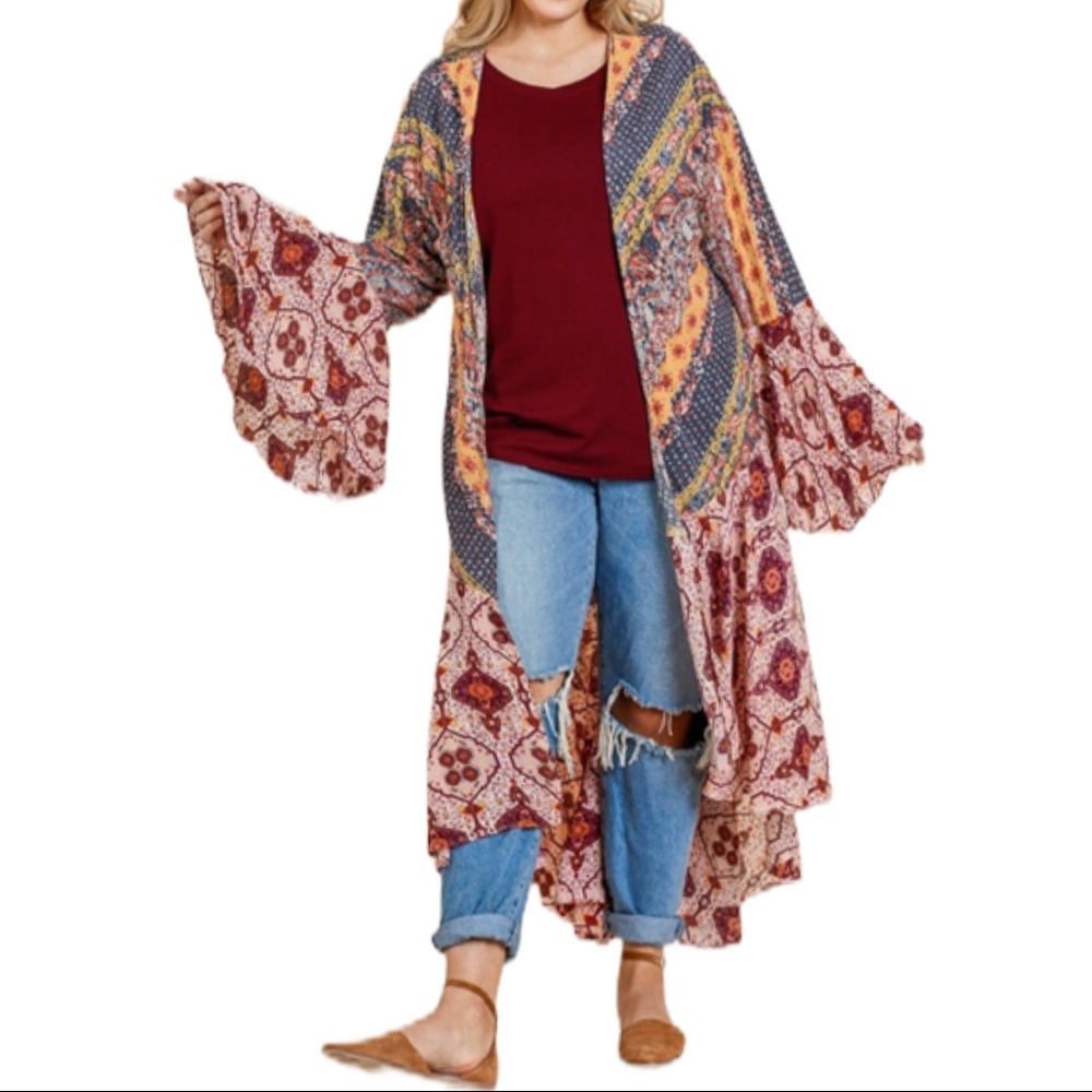 Scarf Print Bell Sleeve Kimono